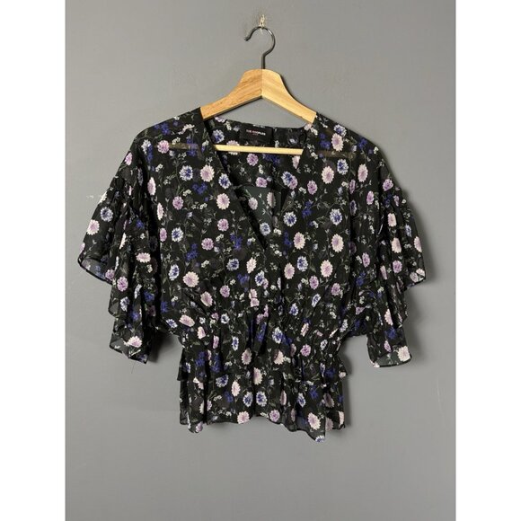 THE KOOPLES Womens Size 2 Black/Purple Peony Floral Silk Chiffon Blouse Top NEW - Picture 1 of 11